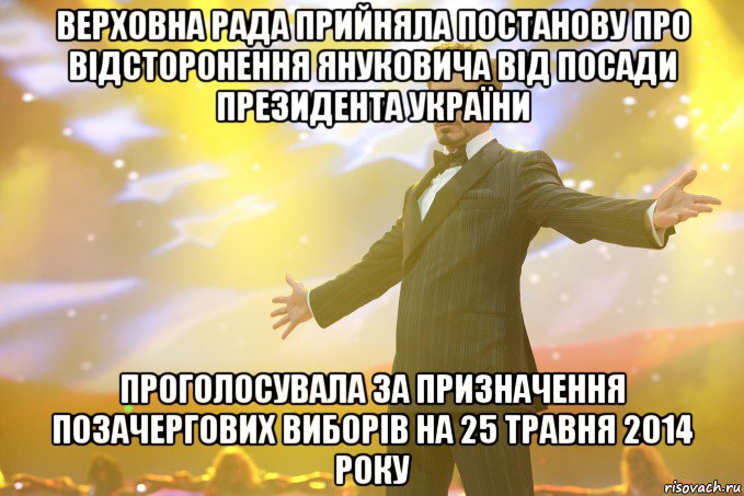 Верховна рада прийняла Постанову про відсторонення Януковича від посади Президента України проголосувала за призначення позачергових виборів на 25 травня 2014 року, Мем Тони Старк (Роберт Дауни младший)