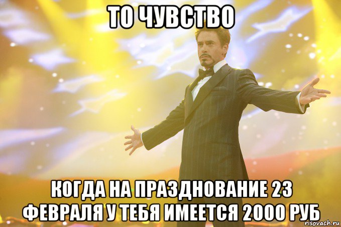 ТО ЧУВСТВО КОГДА НА ПРАЗДНОВАНИЕ 23 ФЕВРАЛЯ У ТЕБЯ ИМЕЕТСЯ 2000 РУБ, Мем Тони Старк (Роберт Дауни младший)