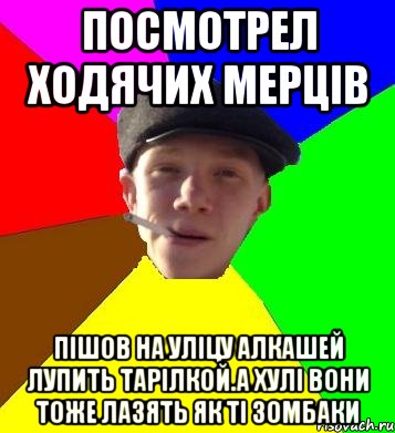 Посмотрел ходячих мерців Пішов на уліцу алкашей лупить тарілкой.А хулі вони тоже лазять як ті зомбаки, Мем умный гопник