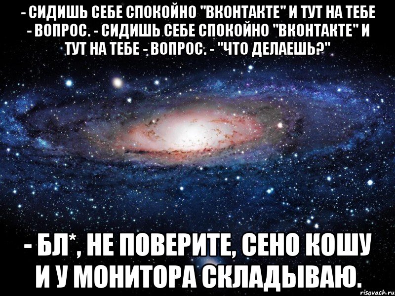 - Сидишь себе спокойно "Вконтакте" и тут на тебе - вопрос. - Сидишь себе спокойно "Вконтакте" и тут на тебе - вопрос. - "Что делаешь?" - Бл*, не поверите, сено кошу и у монитора складываю., Мем Вселенная