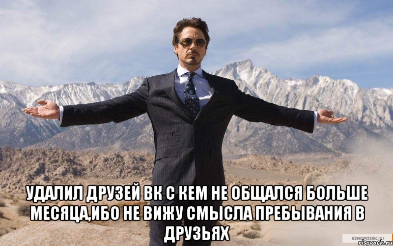  удалил друзей вк с кем не общался больше месяца,ибо не вижу смысла пребывания в друзьях, Мем железный человек