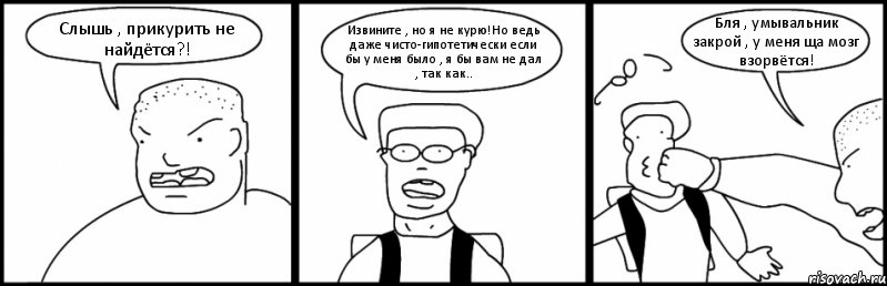 Слышь , прикурить не найдётся?! Извините , но я не курю!Но ведь даже чисто-гипотетически если бы у меня было , я бы вам не дал , так как.. Бля , умывальник закрой , у меня ща мозг взорвётся!, Комикс Быдло и школьник