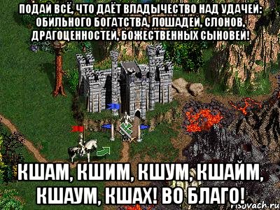 Подай всё, что даёт владычество над удачей: обильного богатства, лошадей, слонов, драгоценностей, божественных сыновей! Кшам, Кшим, Кшум, Кшайм, Кшаум, Кшах! Во Благо!, Мем Герои 3