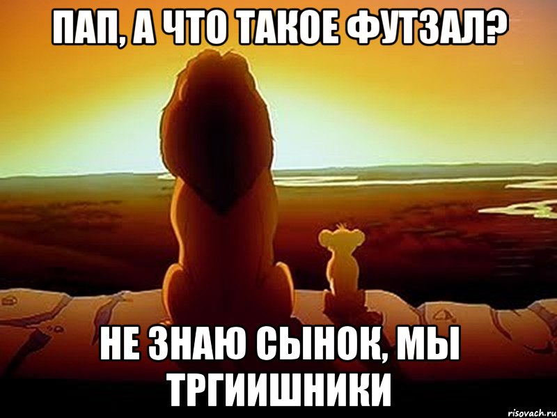 Пап, а что такое футзал? Не знаю сынок, мы ТРГИишники, Мем  король лев