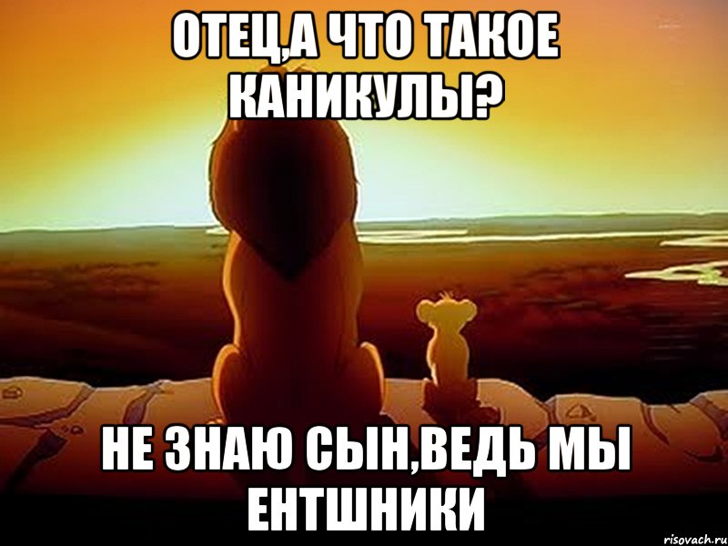 Отец,а что такое каникулы? Не знаю сын,ведь мы ЕНТшники, Мем  король лев