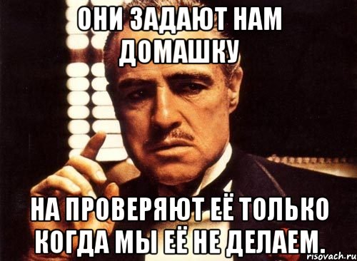 Они задают нам домашку На проверяют её только когда мы её не делаем., Мем крестный отец