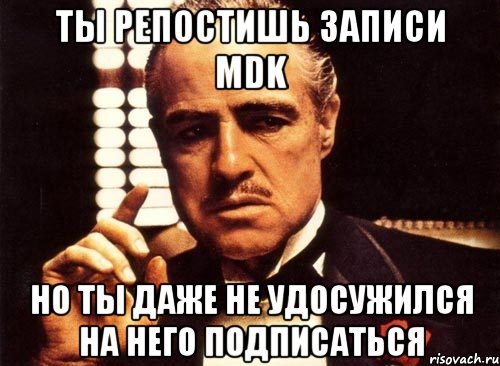 Ты репостишь записи MDK Но ты даже не удосужился на него подписаться, Мем крестный отец