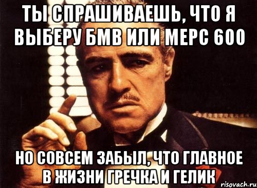 ты спрашиваешь, что я выберу бмв или мерс 600 но совсем забыл, что главное в жизни гречка и гелик, Мем крестный отец