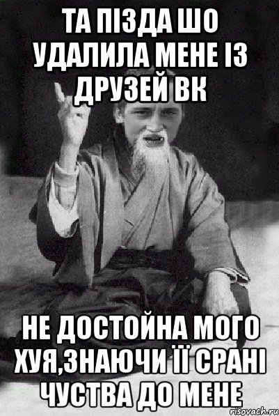 та пізда шо удалила мене із друзей вк не достойна мого хуя,знаючи її срані чуства до мене, Мем Мудрий паца