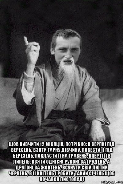  Щоб вивчити 12 місяців, потрібно: в Серпні під Вересень, взяти гарну дівчину, повести її під Березень, покласти її на Травень, вперті її в Липель, взяти однією рукою за Грудень, а другою за Жовтень, всунути свій Лютий Червень, в її Квітень і робити такий Січень щоб почався Листопад!, Мем Мудрий паца