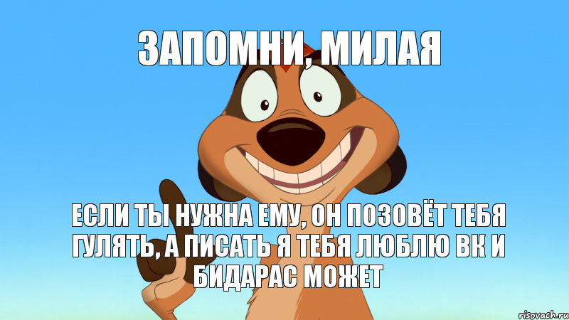 ЕСЛИ ТЫ НУЖНА ЕМУ, ОН ПОЗОВЁТ ТЕБЯ ГУЛЯТЬ, А ПИСАТЬ я тебя люблю ВК И БИДАРАС МОЖЕТ ЗАПОМНИ, МИЛАЯ, Мем Тимон советует