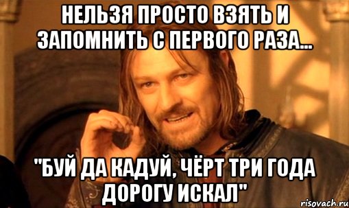 нельзя просто взять и запомнить с первого раза... "Буй да Кадуй, Чёрт три года дорогу искал", Мем Нельзя просто так взять и (Боромир мем)