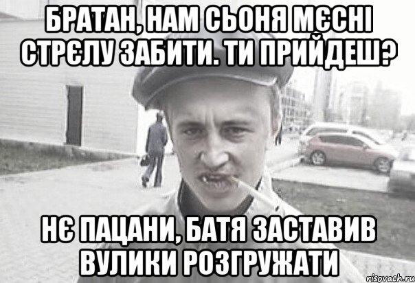 братан, нам сьоня мєсні стрєлу забити. Ти прийдеш? нє пацани, батя заставив вулики розгружати, Мем Пацанська философия