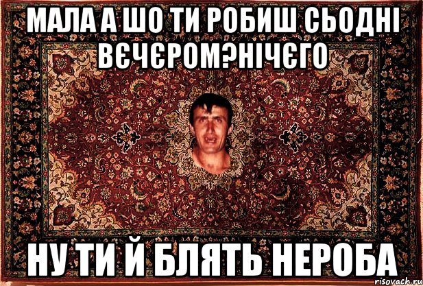 мала а шо ти робиш сьодні вєчєром?нічєго ну ти й блять нероба, Мем Перший парнь на сел