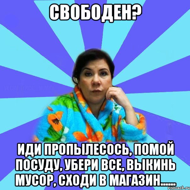 Свободен? Иди пропылесось, помой посуду, убери все, выкинь мусор, сходи в магазин......, Мем типичная мама