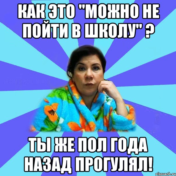 Как это "Можно не пойти в школу" ? Ты же пол года назад прогулял!, Мем типичная мама