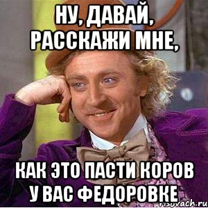 ну, давай, расскажи мне, как это пасти коров у вас Федоровке, Мем Ну давай расскажи (Вилли Вонка)