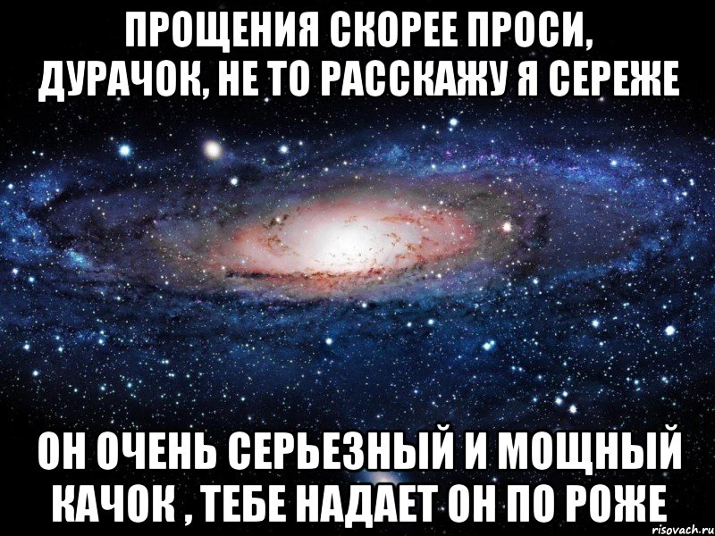 Прощения скорее проси, дурачок, Не то расскажу я Сереже Он очень серьезный и мощный качок , Тебе надает он по роже, Мем Вселенная