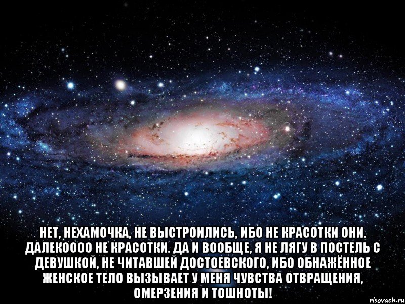  Нет, Нехамочка, не выстроились, ибо не красотки они. Далекоооо не красотки. Да и вообще, я не лягу в постель с девушкой, не читавшей Достоевского, ибо обнажённое женское тело вызывает у меня чувства отвращения, омерзения и тошноты!, Мем Вселенная