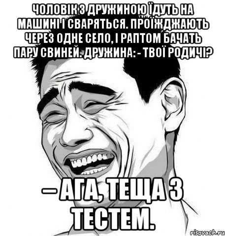 Чоловік з дружиною їдуть на машині і сваряться. Проїжджають через одне село, і раптом бачать пару свиней. Дружина: - Твої родичі? – Ага, теща з тестем., Мем Яо Мин