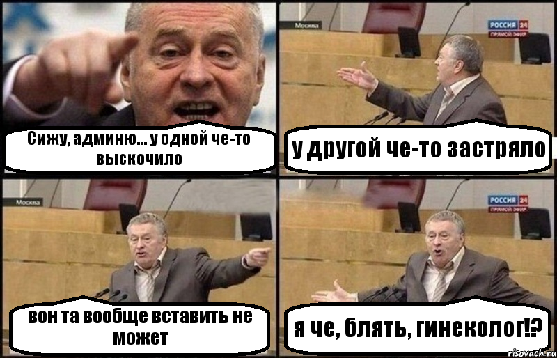 Сижу, админю... у одной че-то выскочило у другой че-то застряло вон та вообще вставить не может я че, блять, гинеколог!?, Комикс Жириновский