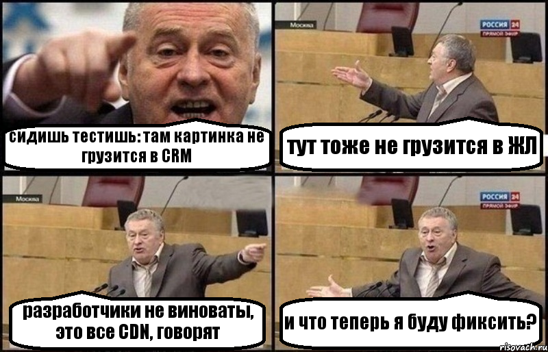 сидишь тестишь: там картинка не грузится в CRM тут тоже не грузится в ЖЛ разработчики не виноваты, это все CDN, говорят и что теперь я буду фиксить?, Комикс Жириновский