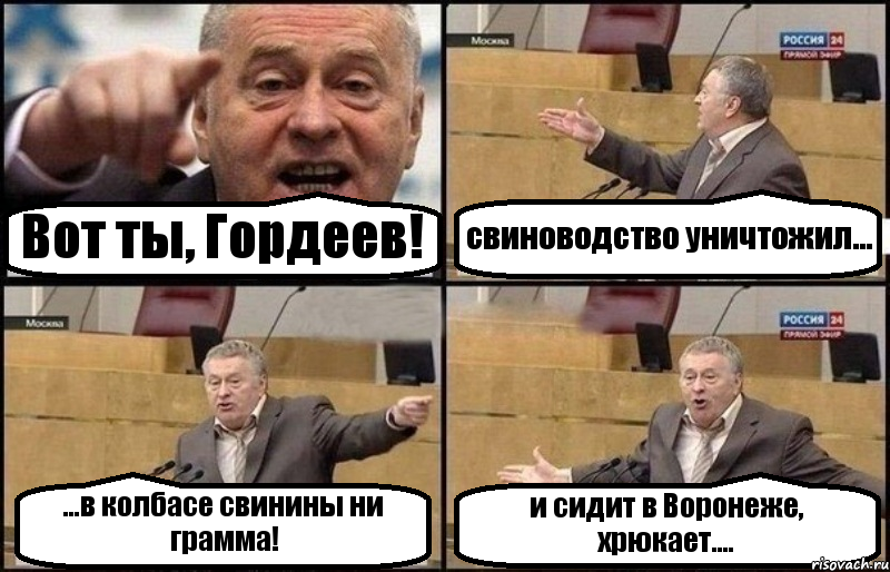 Вот ты, Гордеев! свиноводство уничтожил... ...в колбасе свинины ни грамма! и сидит в Воронеже, хрюкает...., Комикс Жириновский