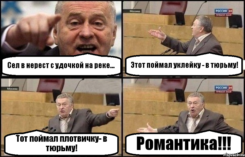 Сел в нерест с удочкой на реке... Этот поймал уклейку - в тюрьму! Тот поймал плотвичку- в тюрьму! Романтика!!!, Комикс Жириновский