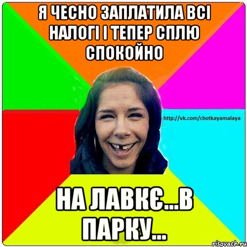 Я чесно заплатила всі налогі і тепер сплю спокойно на лавкє...в парку..., Мем Чотка мала