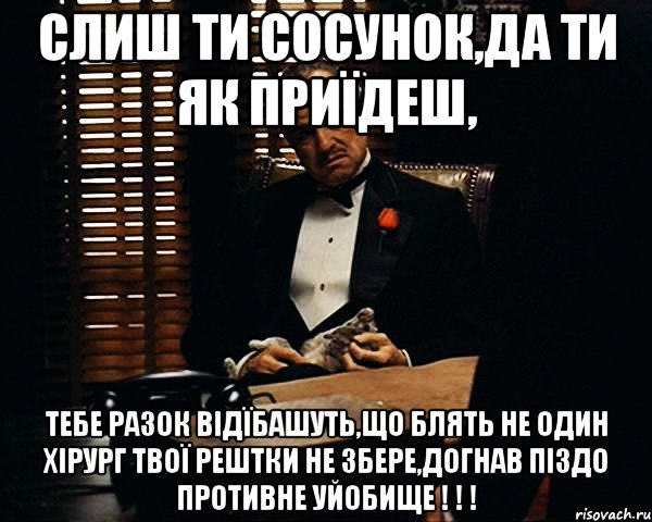 слиш ти сосунок,да ти як приїдеш, тебе разок відїбашуть,що блять не один хірург твої рештки не збере,догнав піздо противне уйобище ! ! !, Мем Дон Вито Корлеоне