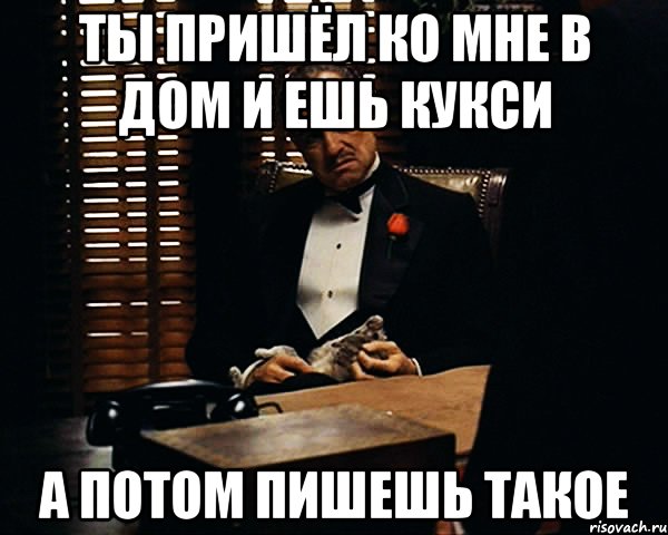 Потом пиши. Дон Корлеоне ты приходишь ко мне. Ты приходишь ко мне в дом. Писать. Да что ты такое пишешь картинка.