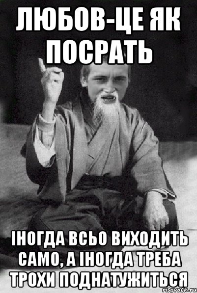 любов-це як посрать іногда всьо виходить само, а іногда треба трохи поднатужиться, Мем Мудрий паца