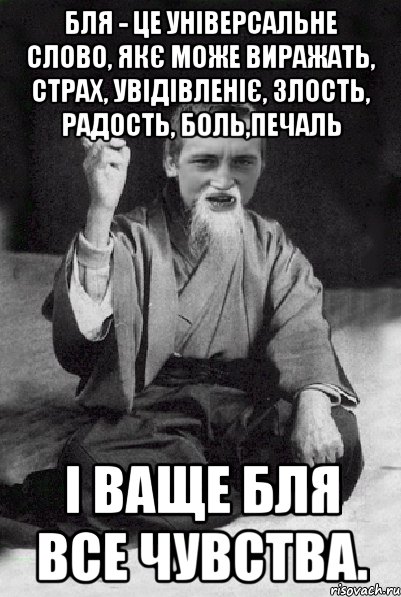 БЛЯ - це універсальне слово, якє може виражать, страх, увідівленіє, злость, радость, боль,печаль і ваще бля все чувства., Мем Мудрий паца