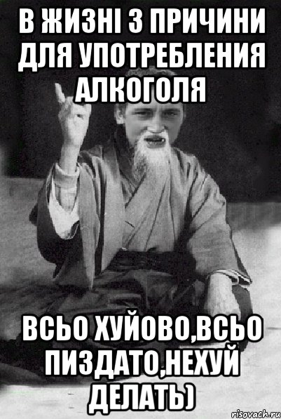 в жизні 3 причини для употребления алкоголя всьо хуйово,всьо пиздато,нехуй делать), Мем Мудрий паца