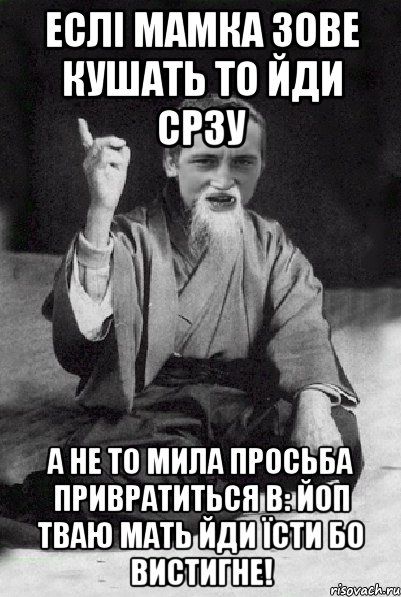 Еслі мамка зове кушать то йди срзу а не то мила просьба привратиться в: Йоп тваю мать йди їсти бо вистигне!, Мем Мудрий паца