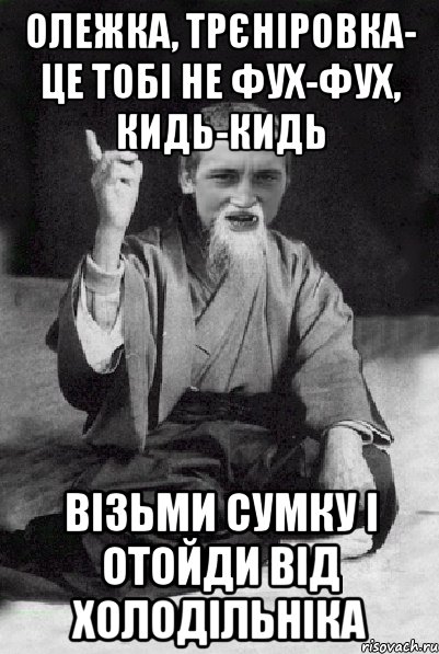 Олежка, трєніровка- це тобі не фух-фух, кидь-кидь візьми сумку і отойди від холодільніка, Мем Мудрий паца