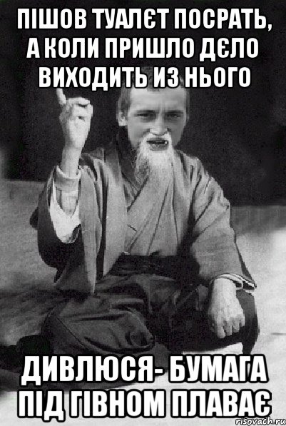 пішов туалєт посрать, а коли пришло дєло виходить из нього дивлюся- бумага під гівном плаває, Мем Мудрий паца