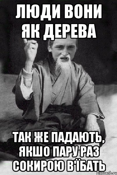 люди вони як дерева так же падають, якшо пару раз сокирою в'їбать, Мем Мудрий паца