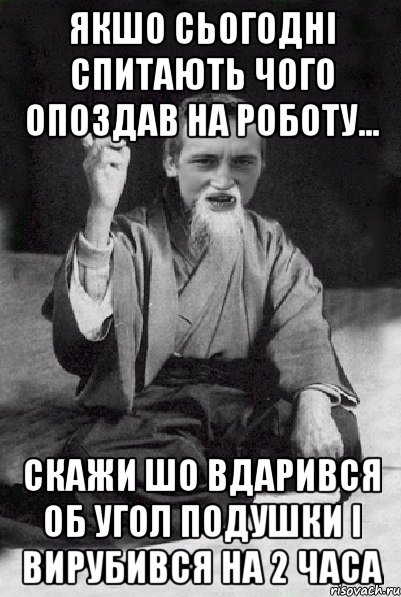 якшо сьогодні спитають чого опоздав на роботу... скажи шо вдарився об угол подушки і вирубився на 2 часа, Мем Мудрий паца