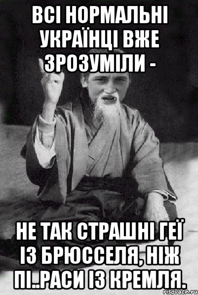 Всі нормальні українці вже зрозуміли - не так страшні геї із Брюсселя, ніж пі..раси із Кремля., Мем Мудрий паца