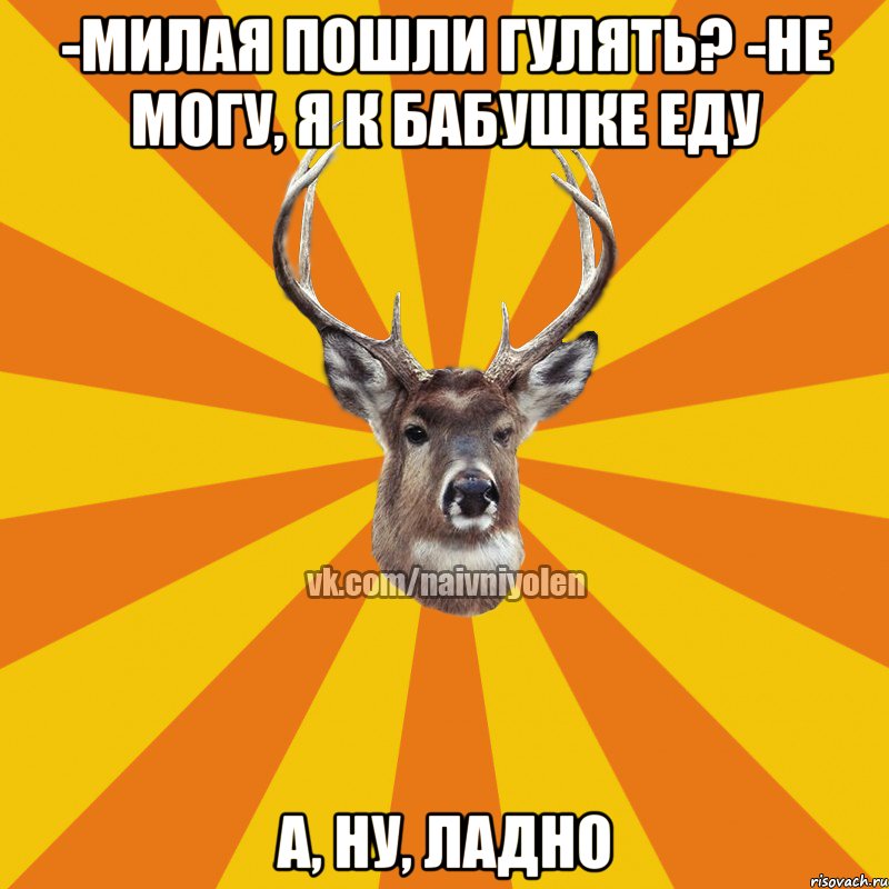 -Милая пошли гулять? -Не могу, я к бабушке еду а, ну, ладно, Мем Наивный Олень вк