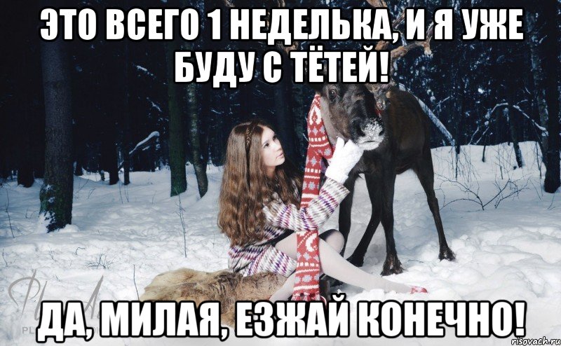 Это всего 1 неделька, и я уже буду с тётей! Да, милая, езжай конечно!, Мем Наивный олень с девушкой