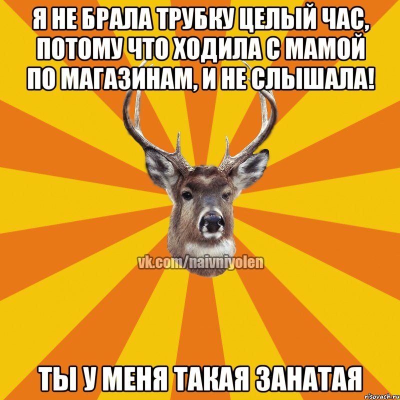 Я не брала трубку целый час, потому что ходила с мамой по магазинам, и не слышала! Ты у меня такая занатая, Мем Наивный Олень вк