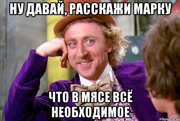 Ну давай, расскажи Марку Что в мясе всё необходимое, Мем Ну давай расскажи (Вилли Вонка)