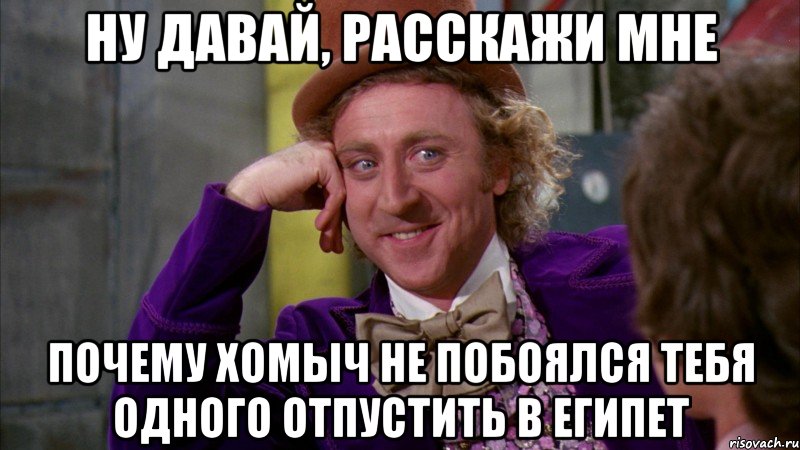 НУ ДАВАЙ, РАССКАЖИ МНЕ ПОЧЕМУ ХОМЫЧ НЕ ПОБОЯЛСЯ ТЕБЯ ОДНОГО ОТПУСТИТЬ В ЕГИПЕТ, Мем Ну давай расскажи (Вилли Вонка)