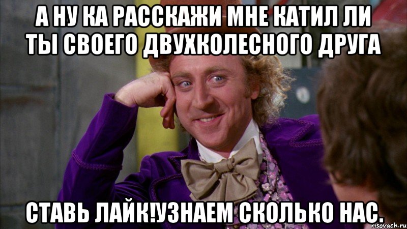 А ну ка расскажи мне катил ли ты своего двухколесного друга Ставь лайк!Узнаем сколько нас., Мем Ну давай расскажи (Вилли Вонка)