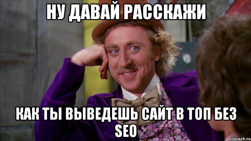 НУ ДАВАЙ РАССКАЖИ как ты выведешь сайт в ТОП без SEO, Мем Ну давай расскажи (Вилли Вонка)