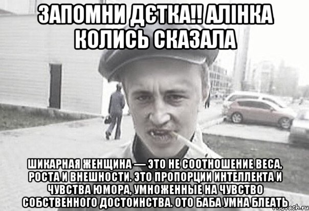 Запомни дєтка!! Алінка колись сказала Шикарная женщина — это не соотношение веса, роста и внешности. Это пропорции интеллекта и чувства юмора, умноженные на чувство собственного достоинства. Ото баба умна блеать, Мем Пацанська философия