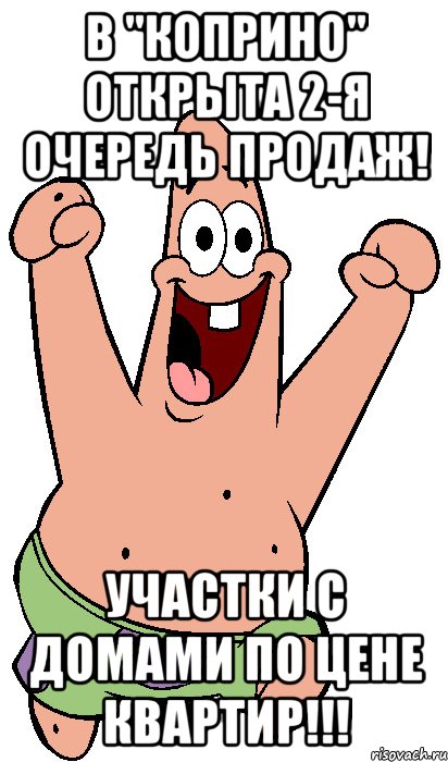 в "Коприно" открыта 2-я очередь продаж! Участки с домами по цене квартир!!!, Мем Радостный Патрик