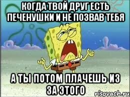 Когда твой друг есть печенушки и не позвав тебя А ты потом плачешь из за этого, Мем Спанч Боб плачет